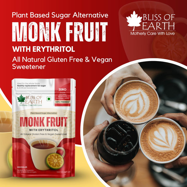 Bliss of Earth Monk Fruit Sweetener with Erythritol 100gm (Golden), 1:1 Zero Calorie Sugar Alternative, Keto Friendly, No Aftertaste, Zero Glycaemic Natural Sweetener,