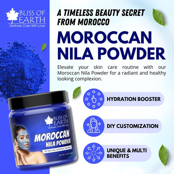Bliss of Earth Moroccan Blue Nila Powder 50gm for Face Skin Whitening, Anti-Tan & Pore Refining Deep Cleansing, Pore Tightening & Radiant Skin Glow