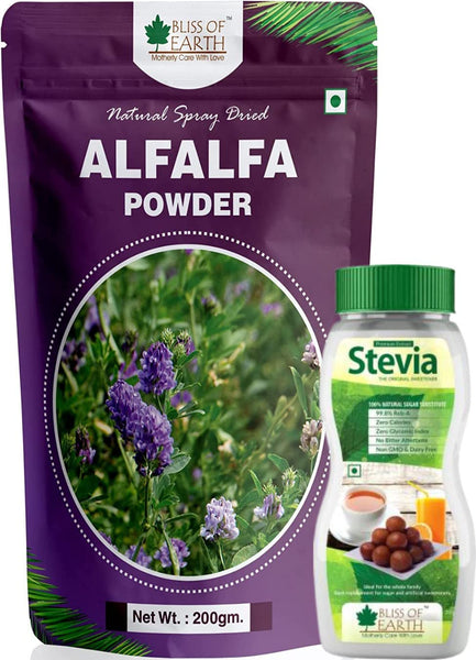 Bliss of Earth Combo of 200GM Alfalfa Grass Powder+99.8% REB-A Purity Stevia Powder Natural & Sugarfree 200GM Pack of 2