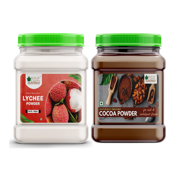 Bliss of Earth 500gm LYCHEE (litchi) Powder + 500gm Alkalized Dark Cocoa Powder for Chocolate Cake Making & Chocolate Hot Milk Shake