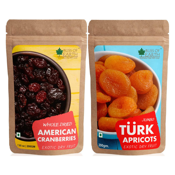 Whole Dried American Cranberries + Jumbo Turkish Apricots Exotic Dry Fruit 200gm (Combo Pack of 2)