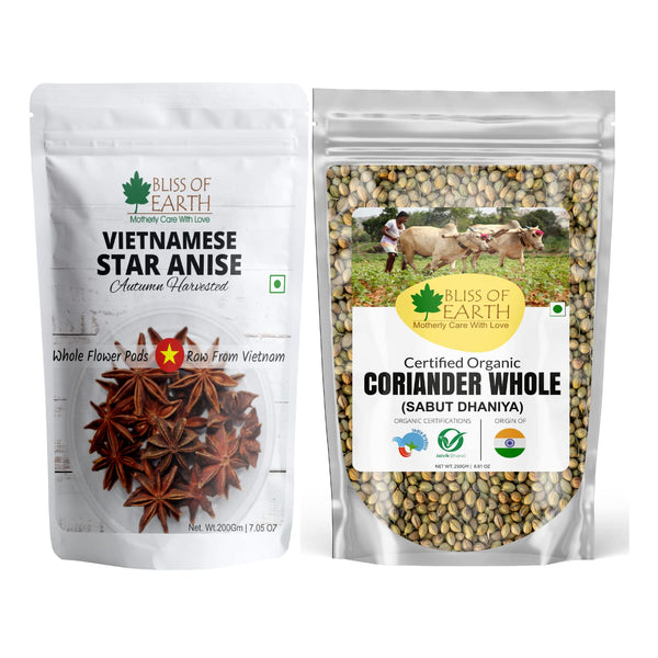 Bliss of Earth Vietnamese 200gm star anise + Indian 250gm coridander (Sabut Dhaniya) seeds for cooking(Pack of 2)