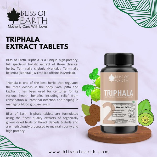 Bliss of Earth High Potency Triphala Extract Tablets 500mg With Quick Release & Enhanced Bioavailability, Digestive Health & Constipation Relief Support, 60 Tablets