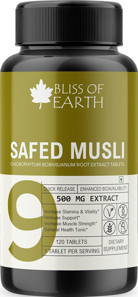 Bliss of Earth Safed Musli Tablets, 120 Count, 500mg Pure Extract Per Serving, For Energy and Vitality