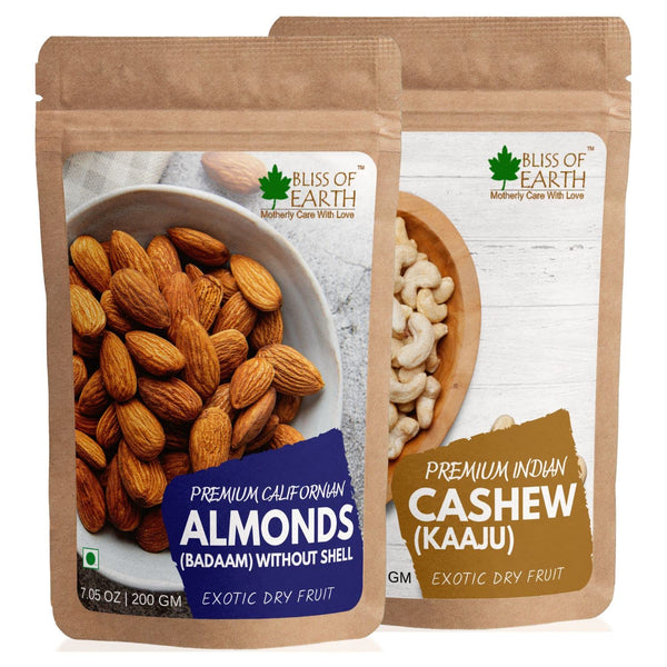 Bliss of Earth Premium Califorina Almonds (Badam) + Indian Cashew (Kaaju) Rich in Fiber Great for Immunity, Brain Best for Diwali Gift 200gm Each