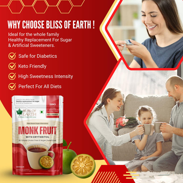 Bliss of Earth Monk Fruit Sweetener with Erythritol 100gm (Golden), 1:1 Zero Calorie Sugar Alternative, Keto Friendly, No Aftertaste, Zero Glycaemic Natural Sweetener,