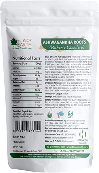 Bliss of Earth Certified Organic Ashwagandha Roots Whole 200gm