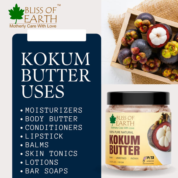 Bliss of earth 100% Pure Natural Kokum Butter Raw | Unrefined | Indian Great For Moisturized Skin,Nourishing Hair, Stretch Mark, DIY Product PETA Approved 100GM Refill Pack