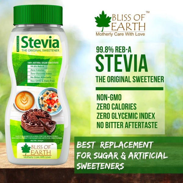 Bliss of Earth Sugar Free Stevia Powder For Diabetic, 99.8% REB-A Natural Keto Sweetener For Cake Bake & Shake, Zero Calorie & Zero Glycemic Index, 200gm