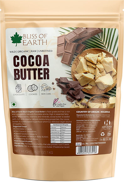 Bliss of Earth Cocoa Butter for Chocolate Making 1kg, Food Grade, Raw & Organic for Hair, Skin & Stretch Marks